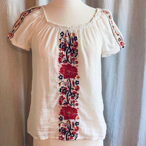 Lucky Brand Embroidered Blouse with Red Flowers XS